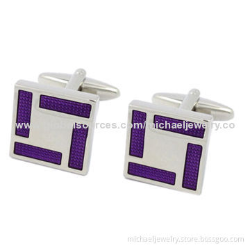 Brass Cufflinks with Dark Purple Transparent Epoxy and White Steel Plating, Nickel-free